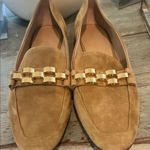 Veronica Beard Camel Suede Loafers with Gold Chain